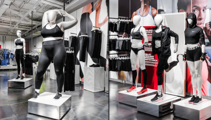 Dans un magasin Nike des mannequins aux tailles et aux morphologies différentes portent les vêtements de la marque de sport.