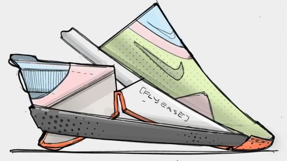 Dessin du projet de la chaussure de sport Nike Go Flyease. La partie devant se soulève pour permettre au pied de rentrer facilement, sans se servir des mains.